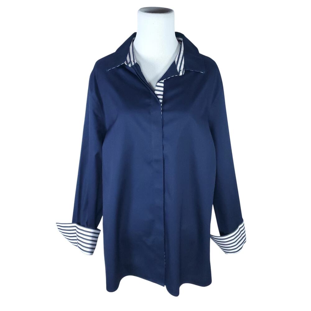 Chico's Sz 3 No Iron Blue Button Down Top Cotton White Stripe Trim Chicos XL 16